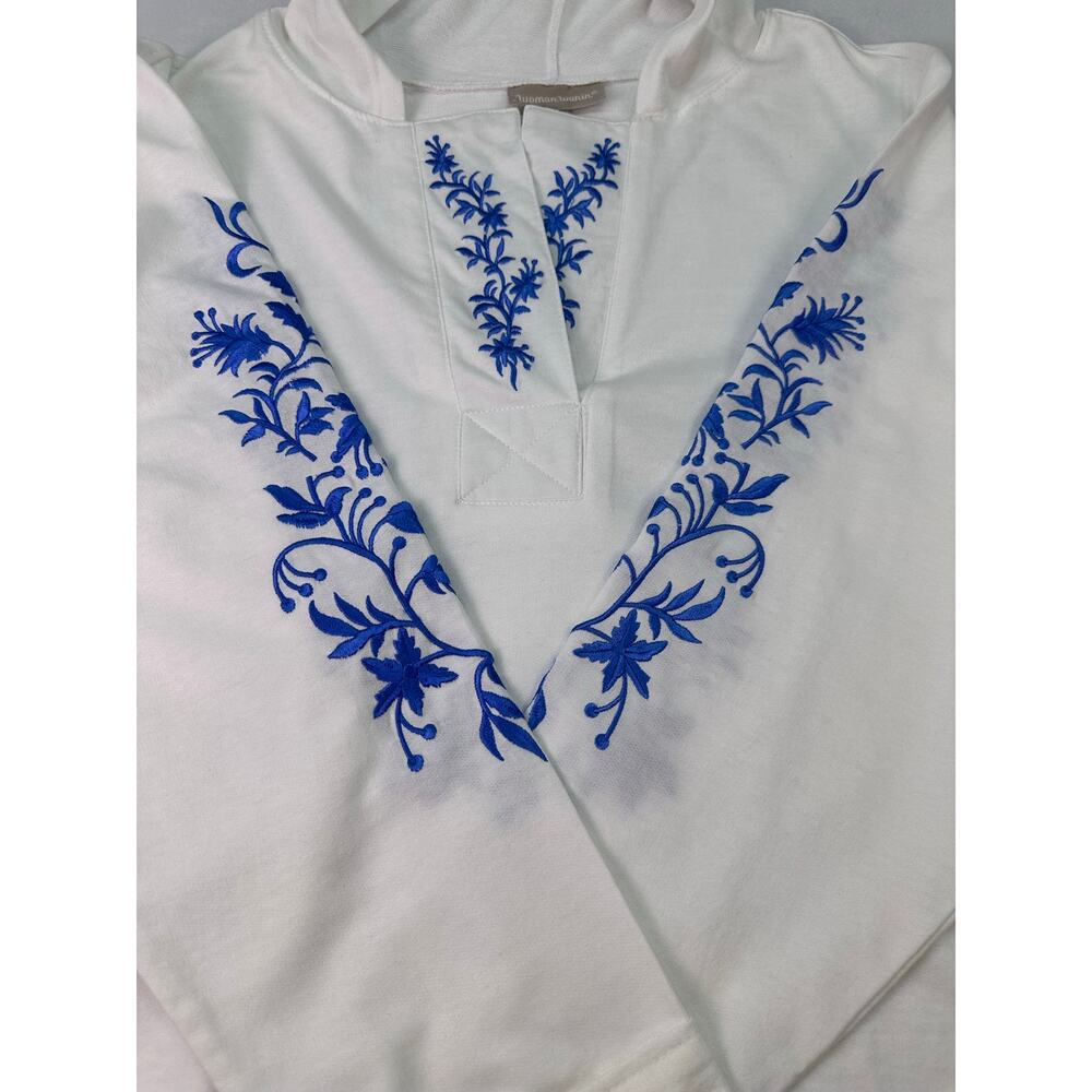 Woman Within White Embroidered Floral Hoodie Tunic 2X Blue Split Neck Sweatshirt - Picture 6 of 11